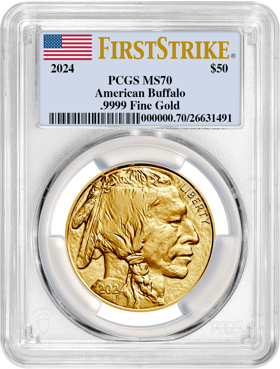 2024 $50 One Ounce Gold Buffalo First Strike PCGS MS70 Flag Label