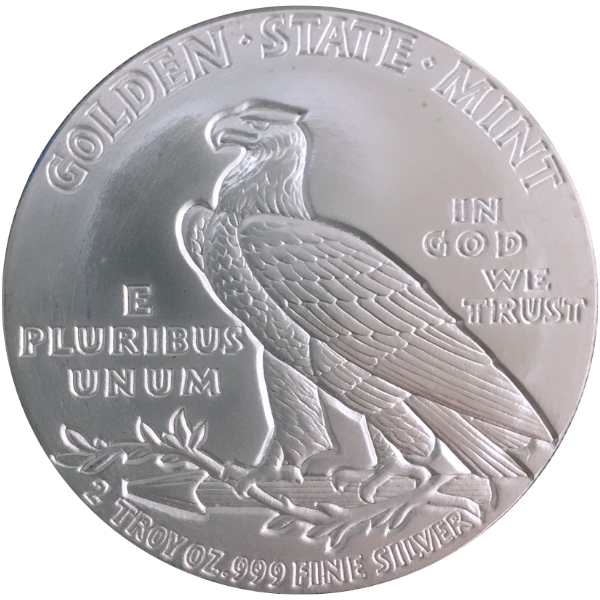 2 OZ SILVER ROUND INCUSE INDIAN DESIGN GOLDEN STATE MINT
