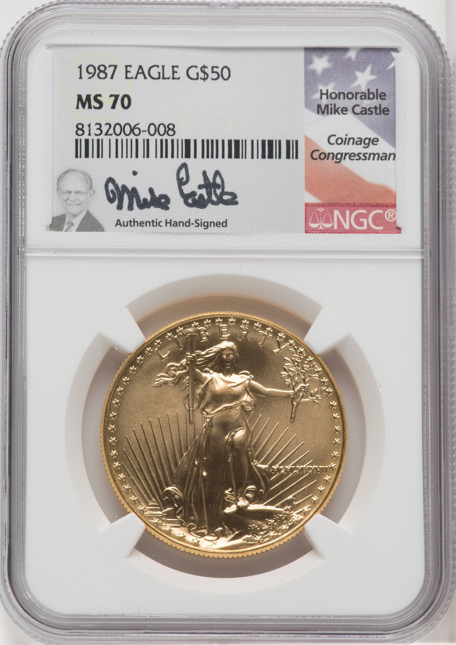 1987 $50 One-Ounce Gold Eagle Mike Castle NGC MS70
