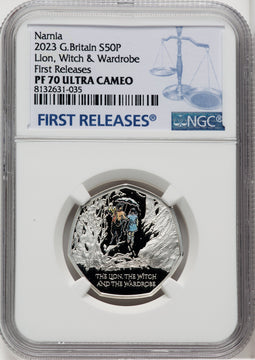 2023 G. Britain Lion Witch & Wardrobe Silver Coin NGC PF70UCAM