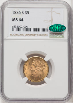 1886-S $5 CAC Liberty Half Eagle NGC MS64 (762275010)