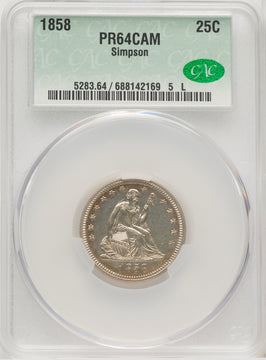 1858 25C CA Proof Seated Quarter CACG PR64