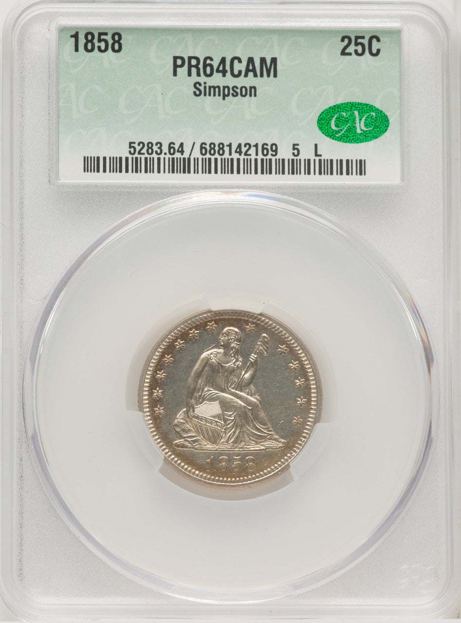 1858 25C CA Proof Seated Quarter CACG PR64