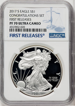 2017-S S$1 Silver Eagle Congratulations Set First Strike FR Blue NGC PF70