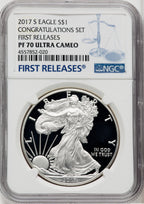 2017-S S$1 Silver Eagle Congratulations Set First Strike FR Blue NGC PF70
