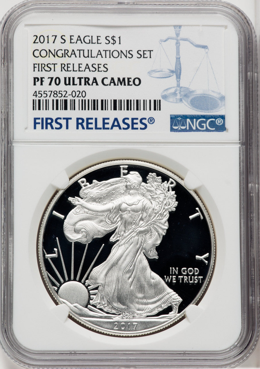 2017-S S$1 Silver Eagle Congratulations Set First Strike FR Blue NGC PF70