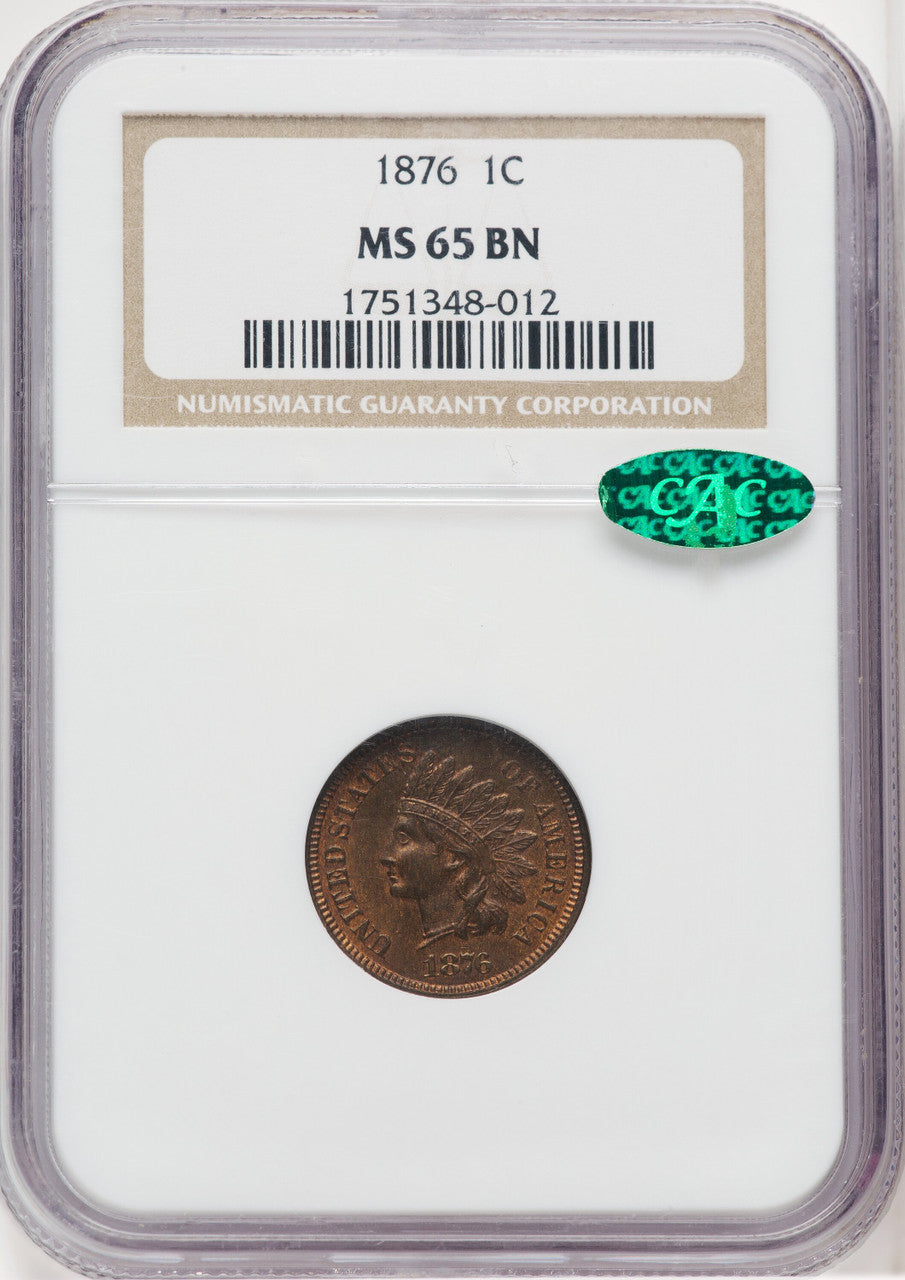 1876 1C BN CAC Indian Cent NGC MS65
