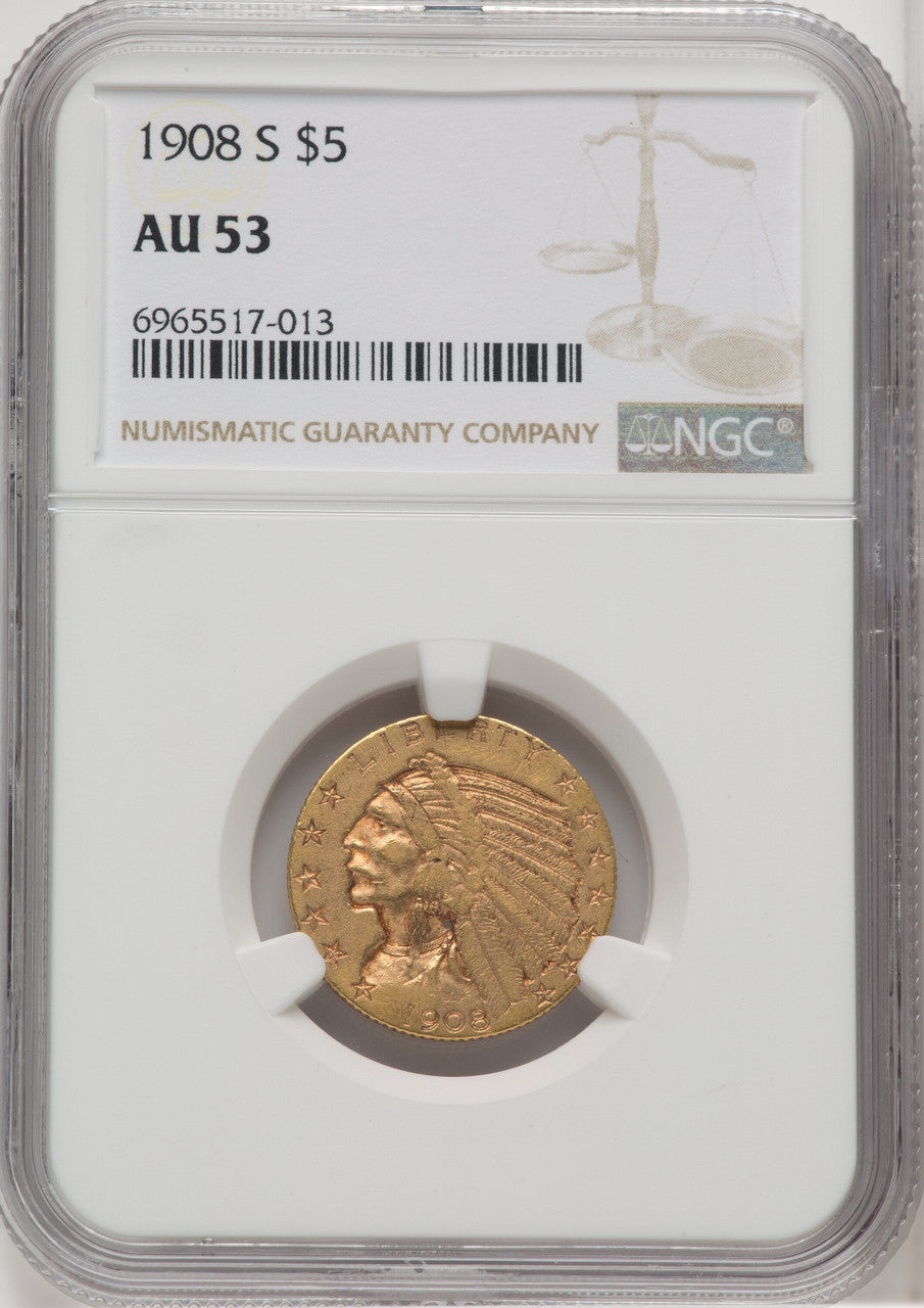 1908-S $5 Indian Half Eagle NGC AU53