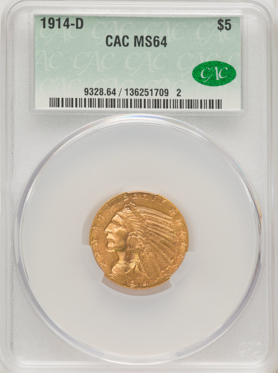 1914-D $5 Indian Half Eagle CACG MS64