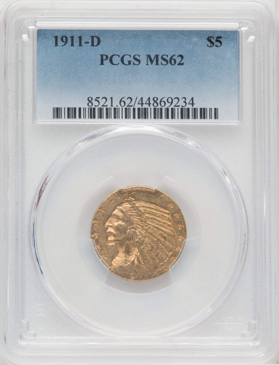 1911-D $5 Blue Gradient Indian Half Eagle PCGS MS62