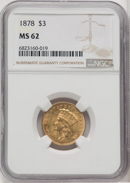 1878 $3 Three Dollar Gold Pieces NGC MS62