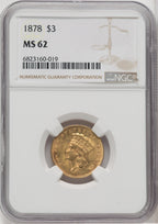 1878 $3 Three Dollar Gold Pieces NGC MS62