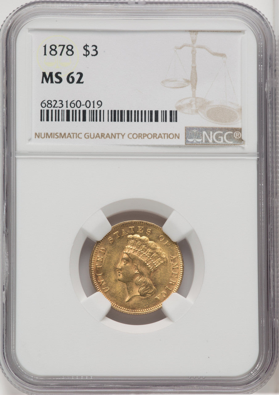 1878 $3 Three Dollar Gold Pieces NGC MS62