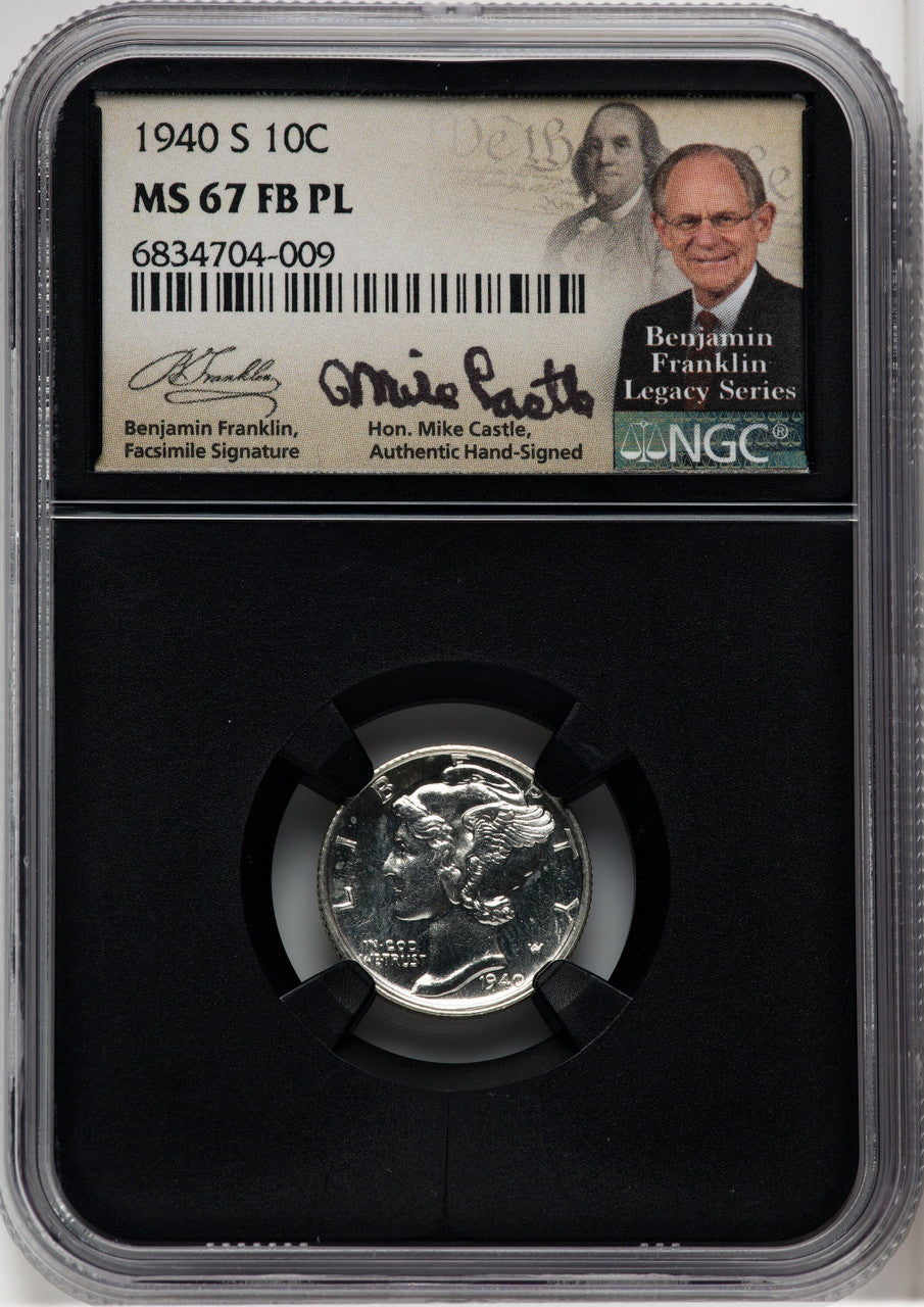 1940-S 10C FB Mike Castle Blk Core Franklin Series Mercury Dime NGC MS67