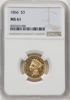 1866 $3 Three Dollar Gold Pieces NGC MS61