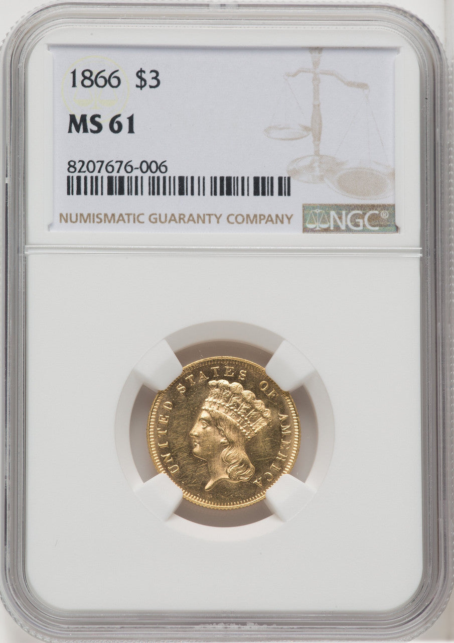 1866 $3 Three Dollar Gold Pieces NGC MS61