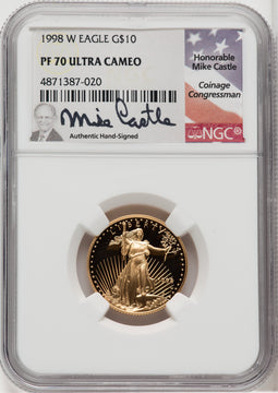 1998-W $10 Quarter-Ounce Gold Eagle Mike Castle NGC PF70