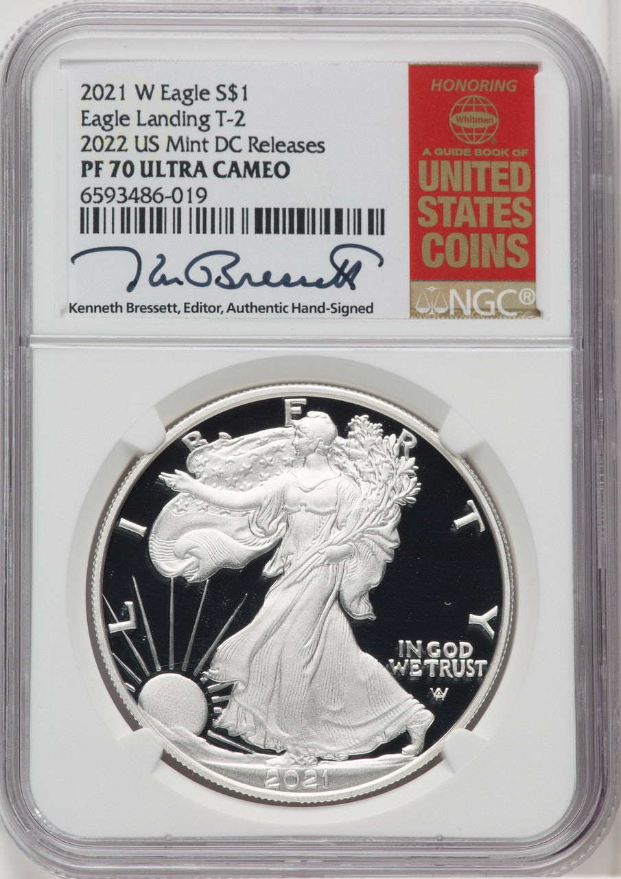 2021-W S$1 Silver Eagle Type Two PRDC Kenneth Bressett Red Book NGC PF70 (516841188)