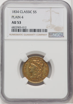 1834 $5 PLAIN 4 Classic Half Eagle NGC AU53 (768472002)