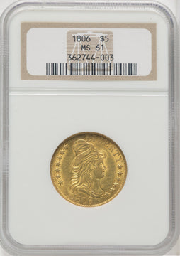 1806 $5 Knob 6 7x6 Stars Early Half Eagle NGC MS61