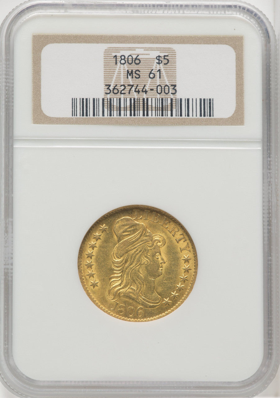 1806 $5 Knob 6 7x6 Stars Early Half Eagle NGC MS61