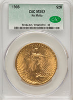 1908 $20 NO MOTTO Saint-Gaudens Double Eagle CACG MS62