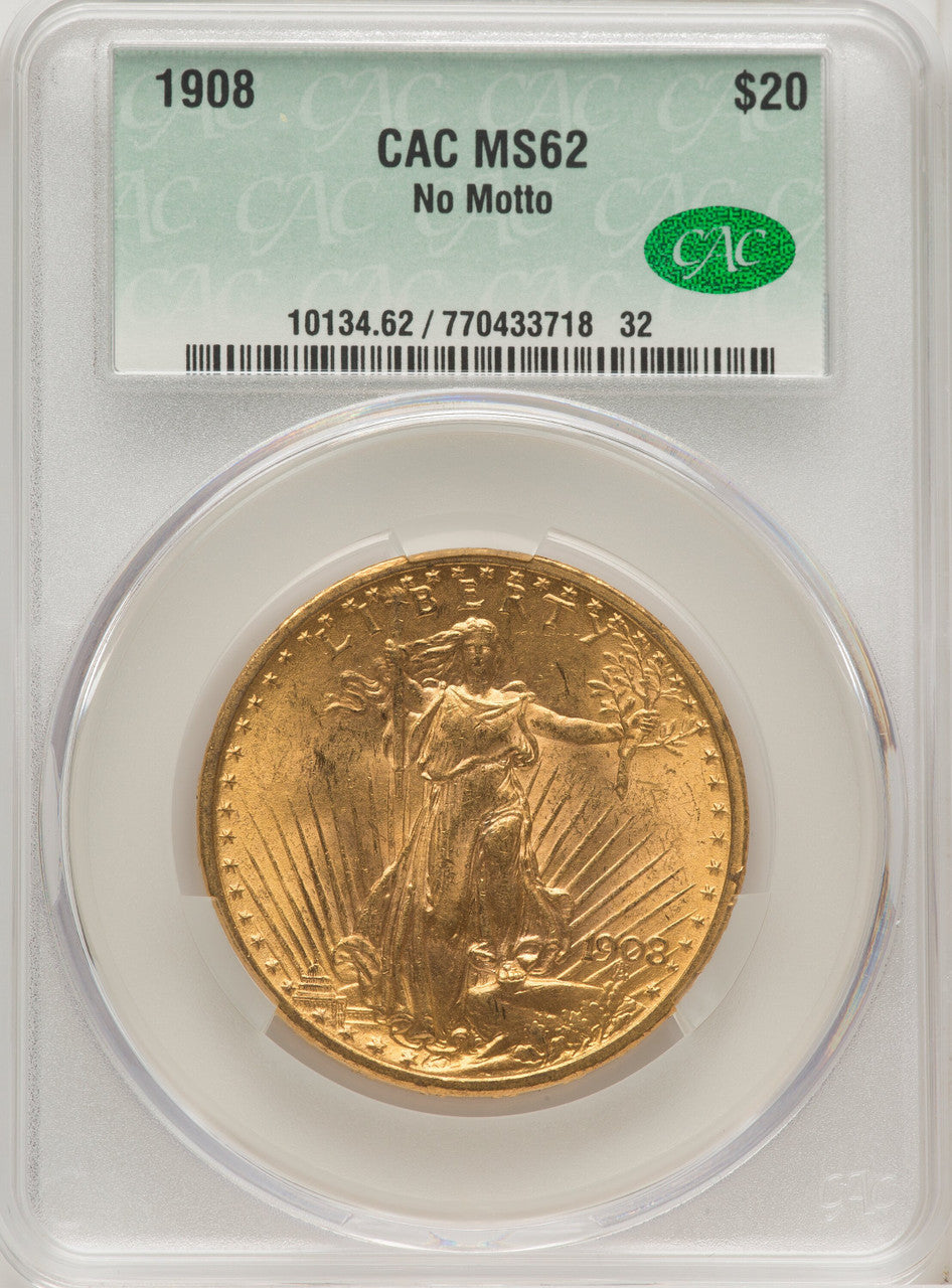 1908 $20 NO MOTTO Saint-Gaudens Double Eagle CACG MS62
