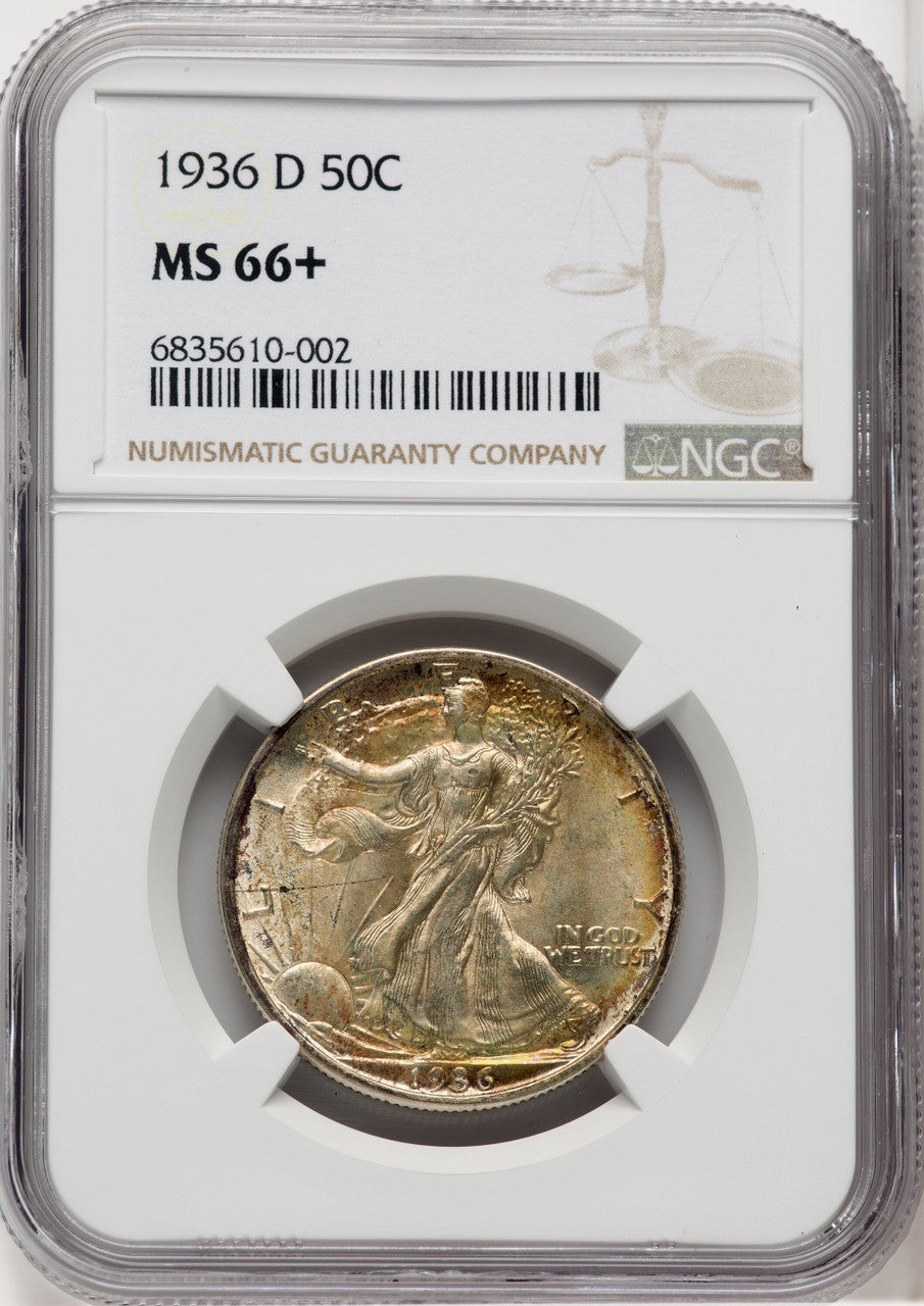 1936-D 50C Walking Liberty Half Dollar NGC MS66+