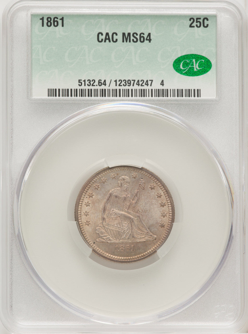 1861 25C Seated Quarter CACG MS64