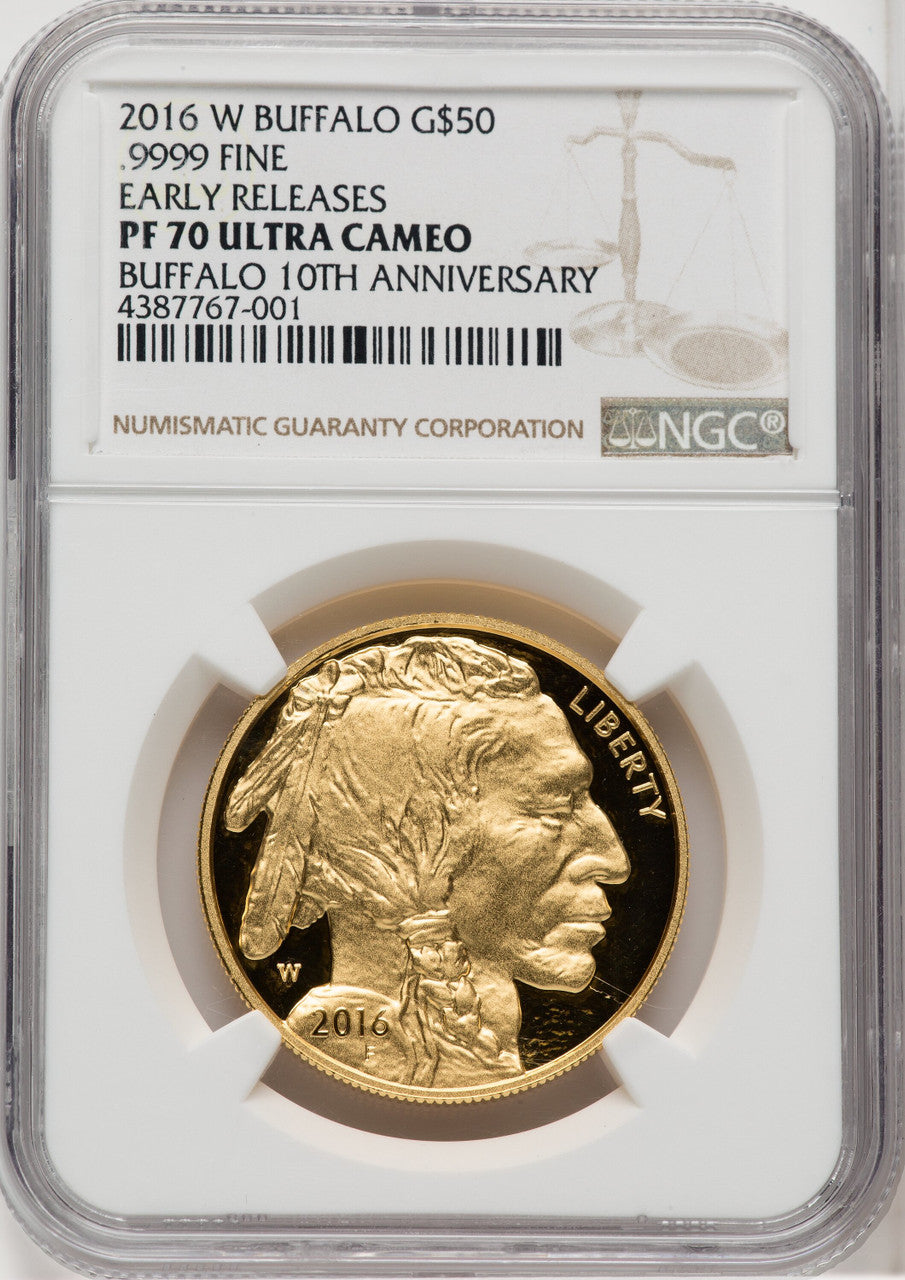 2016-W $50 One-Ounce Gold Buffalo Tenth Anniversary First Strike Brown Label NGC PF70