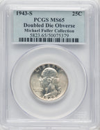 1943-S 25C Doubled Die Obverse Washington Quarter PCGS MS65