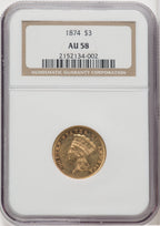 1874 $3 Three Dollar Gold Pieces NGC AU58 (768602055)