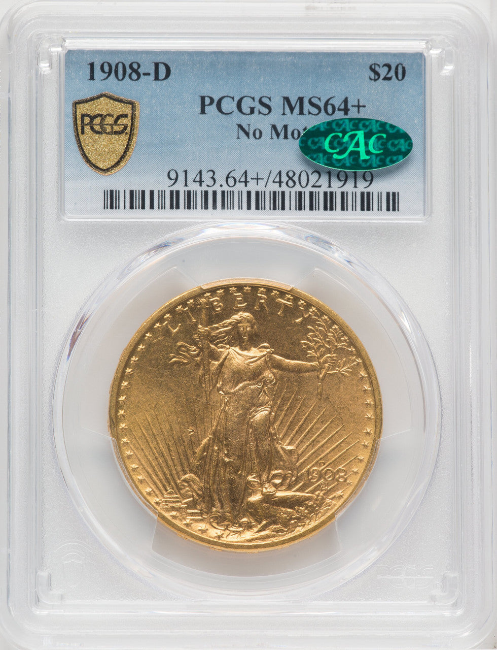 1908-D $20 NO MOTTO CAC Saint-Gaudens Double Eagle PCGS MS64+
