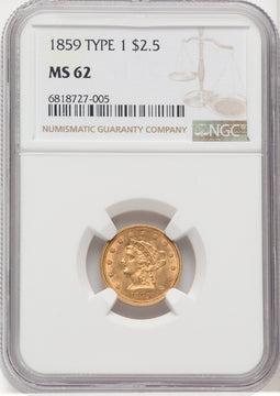 1859 $2.50 Old Rev. Liberty Quarter Eagle NGC MS62