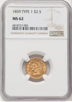 1859 $2.50 Old Rev. Liberty Quarter Eagle NGC MS62