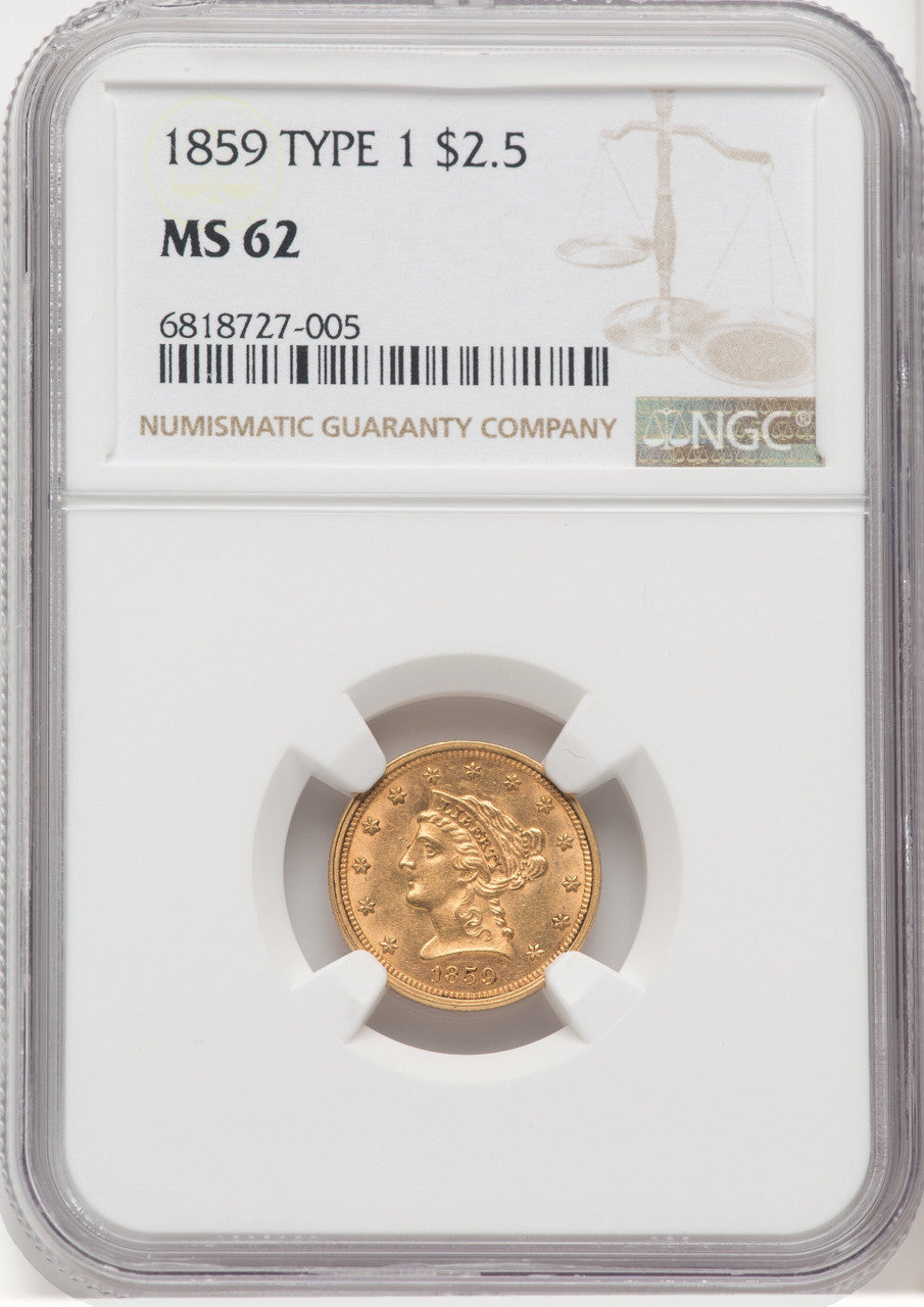 1859 $2.50 Old Rev. Liberty Quarter Eagle NGC MS62