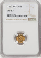 1849 G$1 NO L Gold Dollar NGC MS63