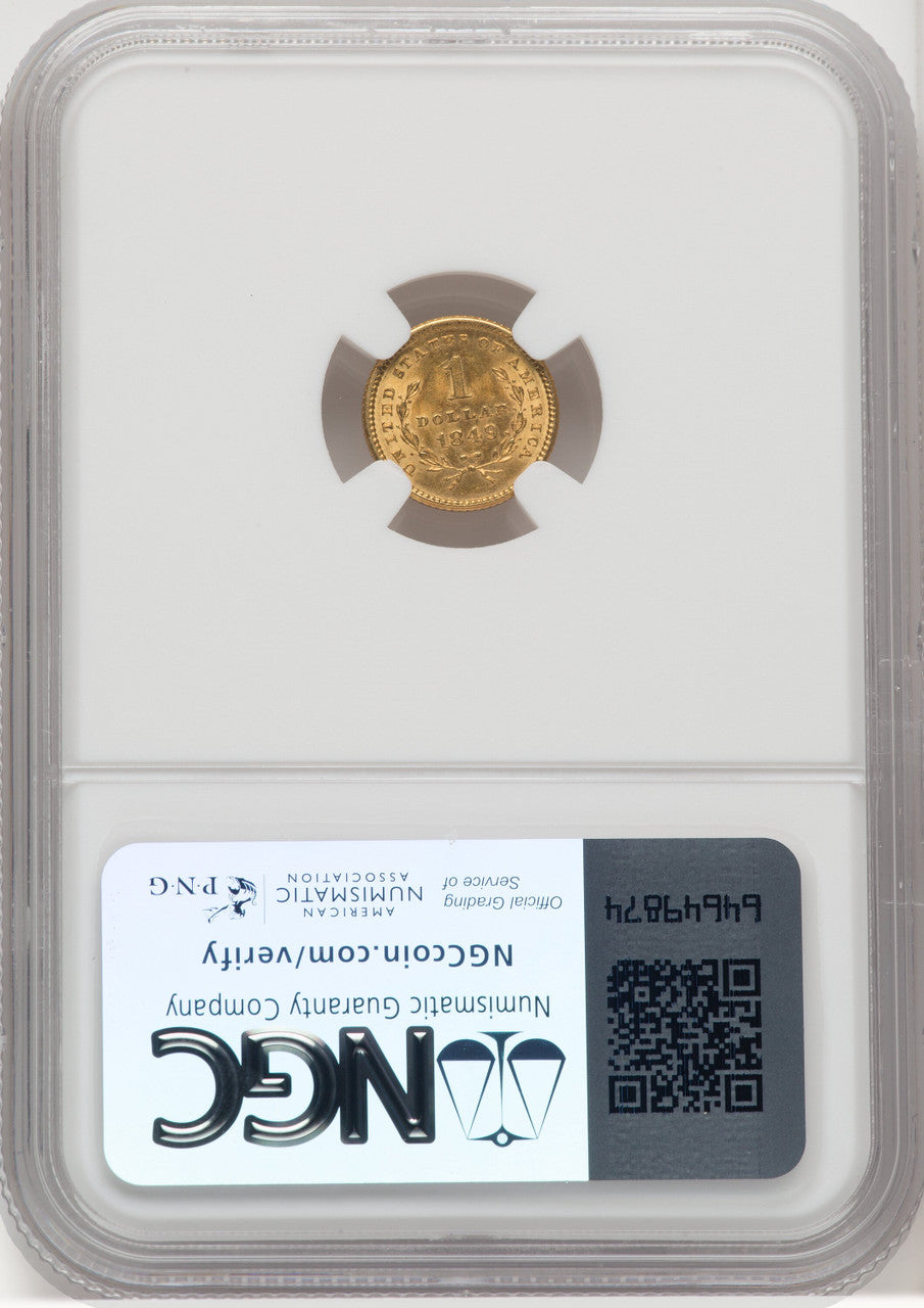 1849 G$1 NO L Gold Dollar NGC MS63