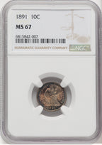 1891 10C Seated Dime NGC MS67 (768671014)