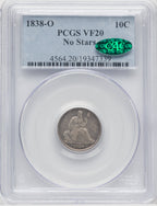 1838-O 10C NO STARS CAC Seated Dime PCGS VF20
