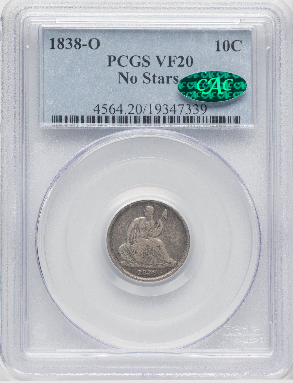 1838-O 10C NO STARS CAC Seated Dime PCGS VF20