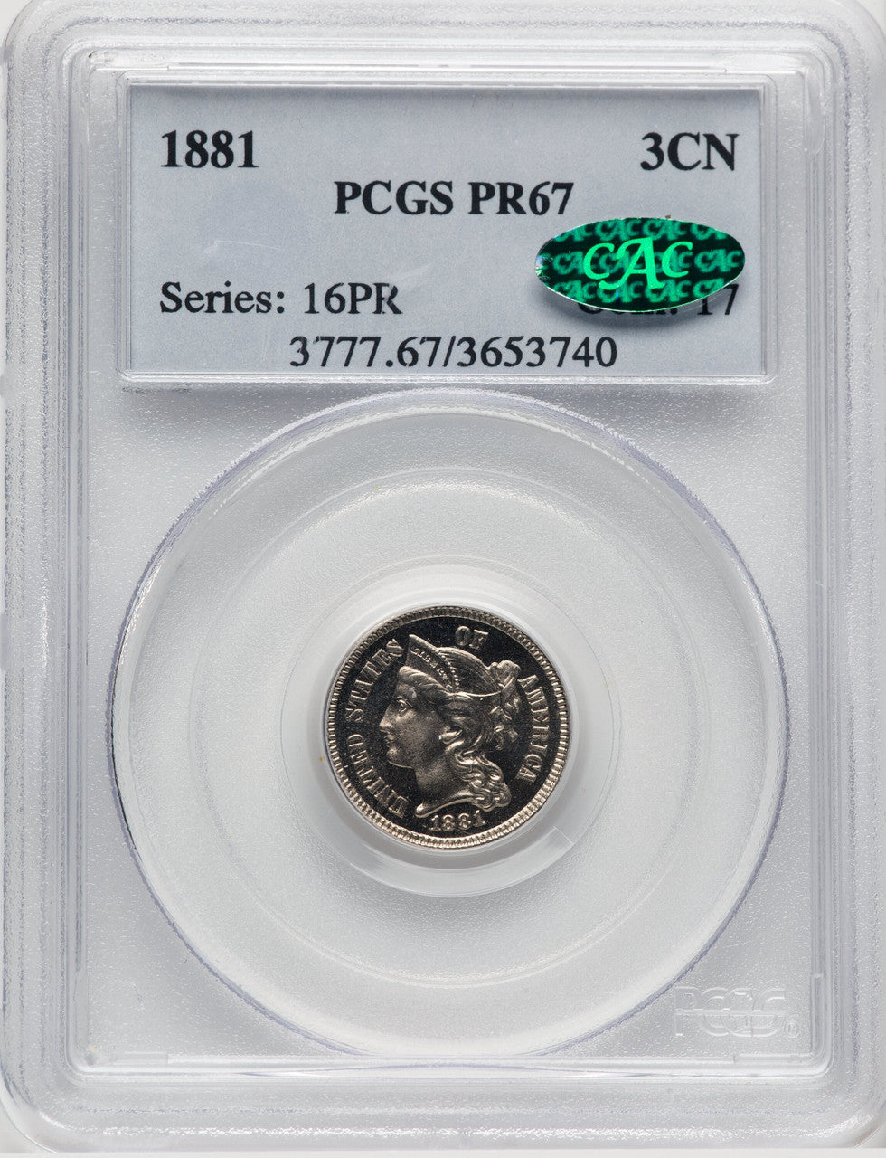 1881 3CN CAC Proof Three Cent Nickel PCGS PR67