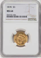 1878 $3 Three Dollar Gold Pieces NGC MS64 (764026076)