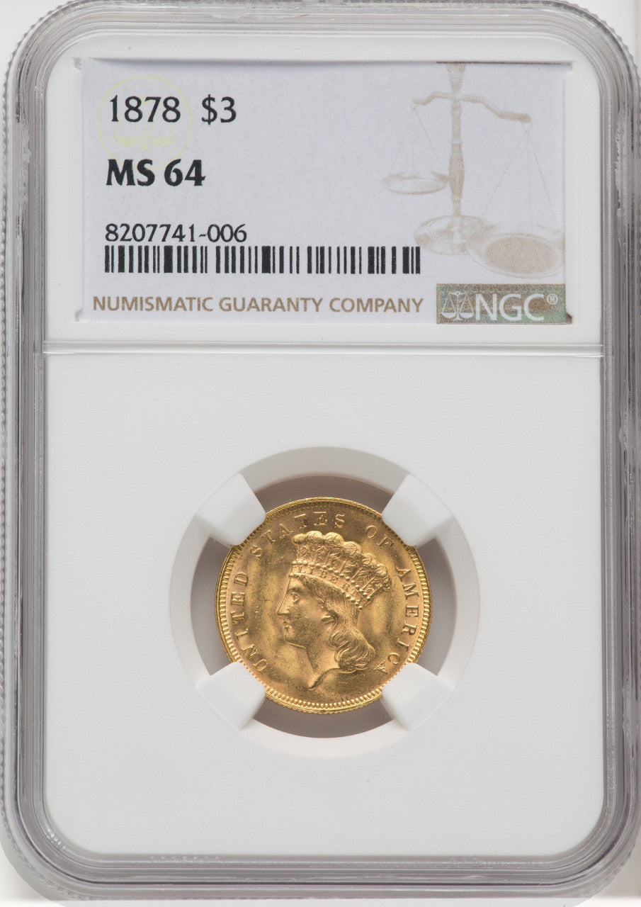 1878 $3 Three Dollar Gold Pieces NGC MS64 (764026076)