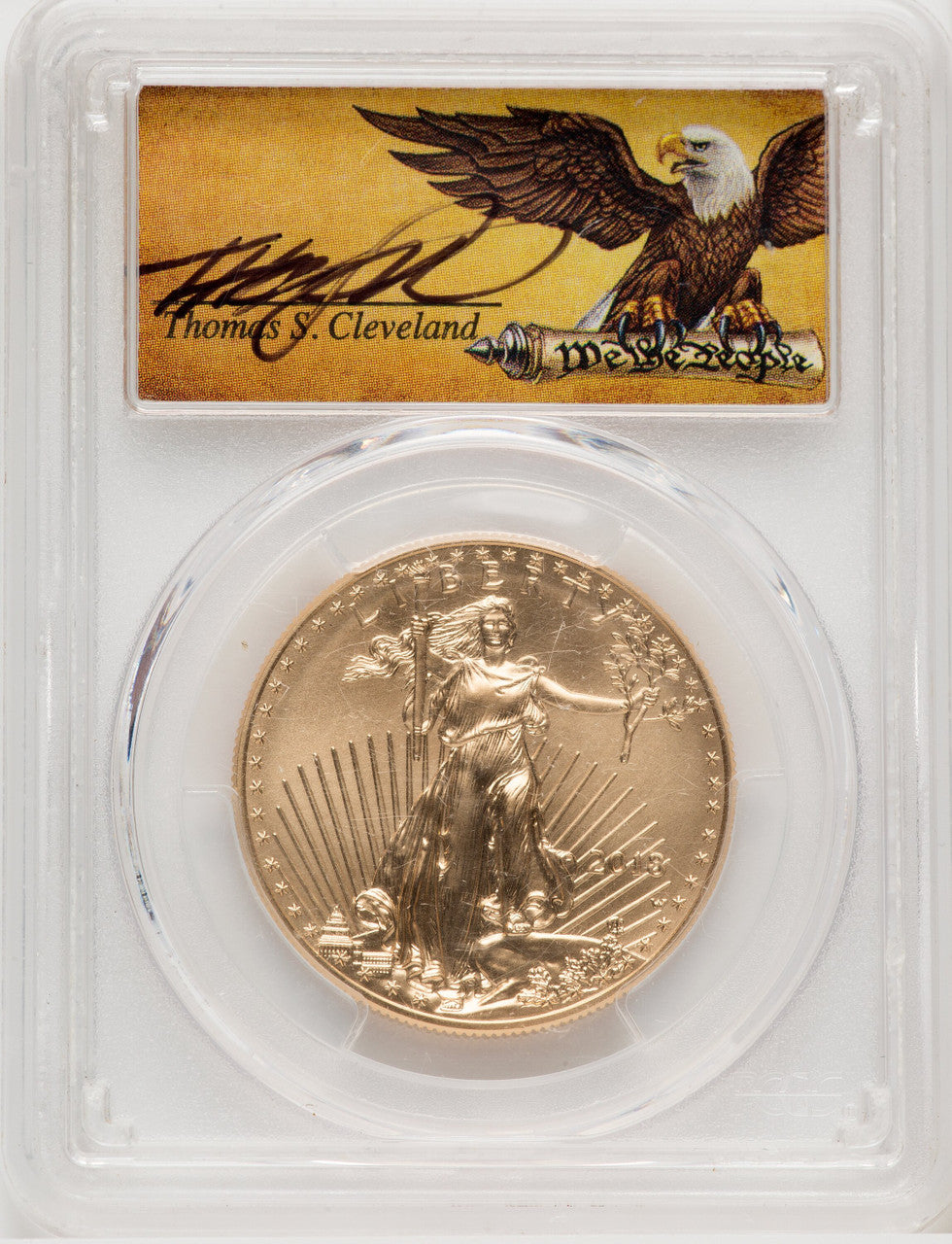 2018-W G$50 One Ounce Burnished Gold Eagle First Day of Issue Scroll Denver PCGS SP70