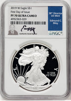 2019-W S$1 Silver Eagle First Day of Issue FDI Ed Moy NGC PF70