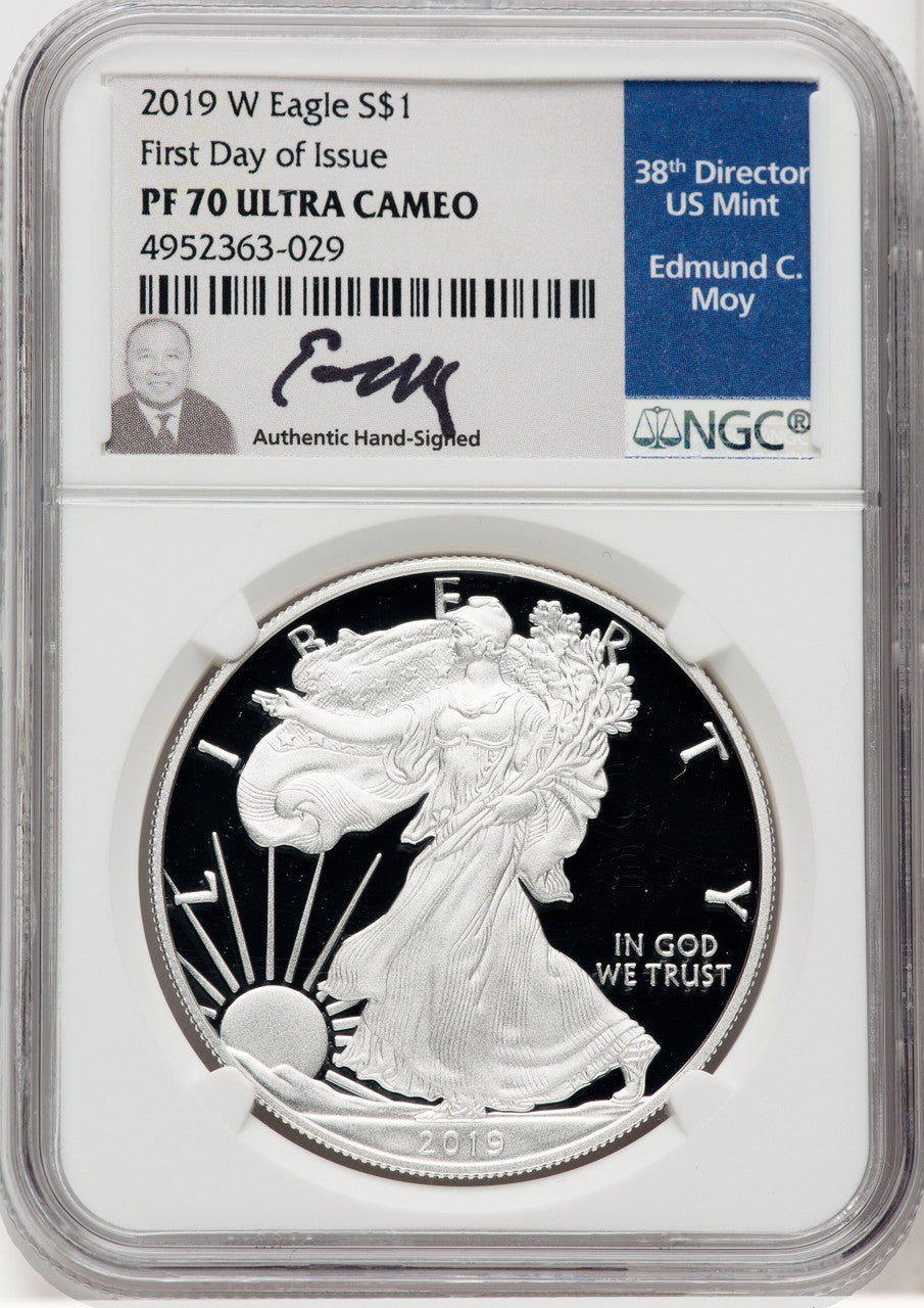 2019-W S$1 Silver Eagle First Day of Issue FDI Ed Moy NGC PF70