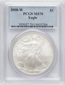 2008-W S$1 Silver Eagle Burnished Blue Gradient PCGS SP70