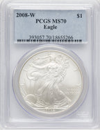2008-W S$1 Silver Eagle Burnished Blue Gradient PCGS SP70