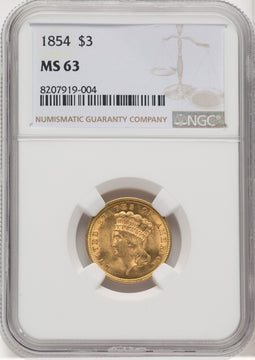 1854 $3 Three Dollar Gold Pieces NGC MS63